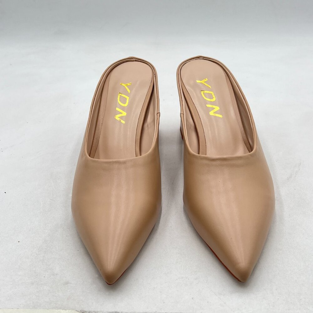 YDN Nude Retro Pointed Toe Mules Pumps Block Mid Heel Slip On Slide Sandal - Picture 2 of 7